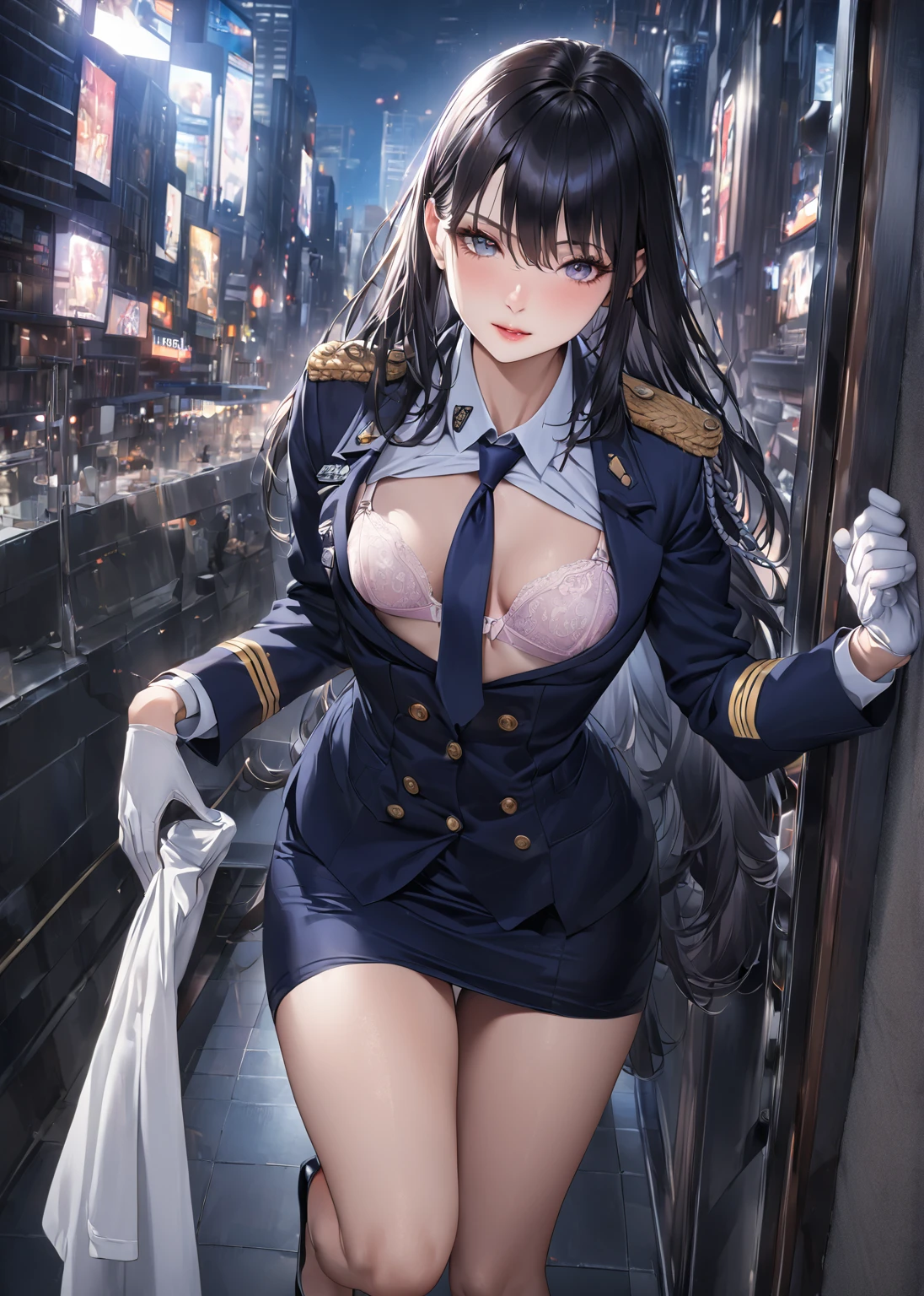 Highest quality、masterpiece、8k、Realistic、超High resolution、Very delicate and beautiful、High resolution、Cinema Lighting、medium range shooting、Perfect female body、Beautiful woman、Mature Woman、Beautiful Eyes、Cityscape、(Long Hair:1.8、Black Hair)、((female officer:1.4、紺色のfemale officer、female officerの制帽、Uniform Buttons、Navy blue tie、Jacket、White gloves))、Pencil Skirt、Stiletto heel pumps、badge、Epaulettes、((Are thin、Small breasts))、((Unbutton and flip up your shirt:1.4、Showing off your bra)),