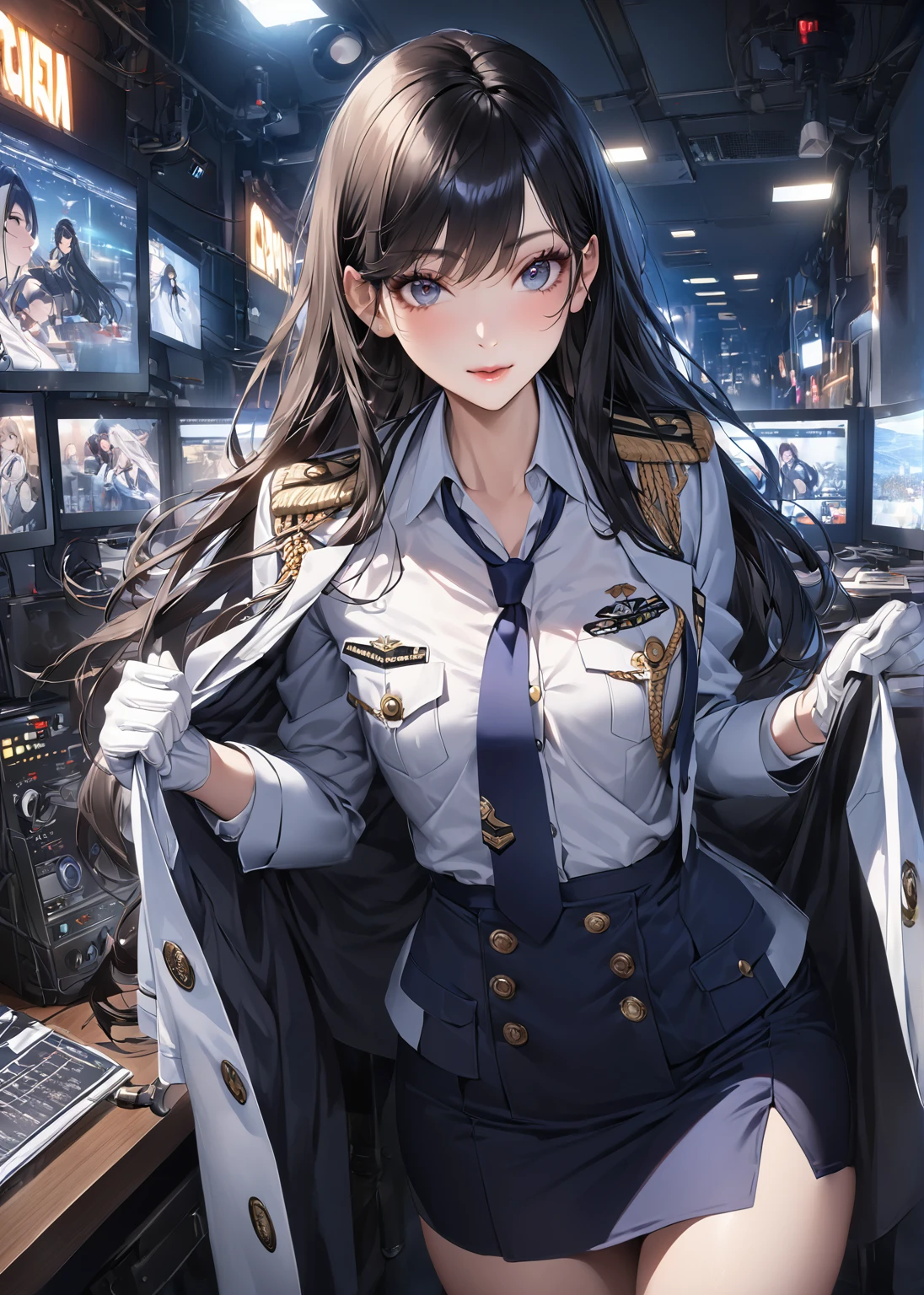Highest quality、masterpiece、8k、Realistic、超High resolution、Very delicate and beautiful、High resolution、Cinema Lighting、medium range shooting、Perfect female body、Beautiful woman、Mature Woman、Beautiful Eyes、Cityscape、(Long Hair:1.8、Black Hair)、((female officer:1.4、紺色のfemale officer、female officerの制帽、Uniform Buttons、Navy blue tie、Jacket、White gloves))、Pencil Skirt、Stiletto heel pumps、badge、Epaulettes、((Are thin、Small breasts))、((Unbutton and flip up your shirt:1.4、Showing off your bra)),