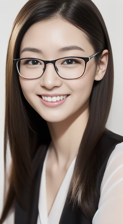 The face of a hostess、Dress business suit、high quality、Surreal、healthy、Smiling face、Slim and perfect figure、Japanese Beauty、Beautiful Eyes、Perfect Face、Beautiful Skin、White wall background、Glasses、