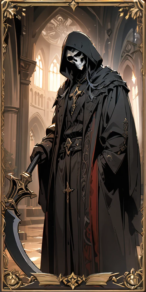 tarot cards,A grim reaper holding a scythe,Nordic style,church background,8k,high quality,masterpiece,Super fine