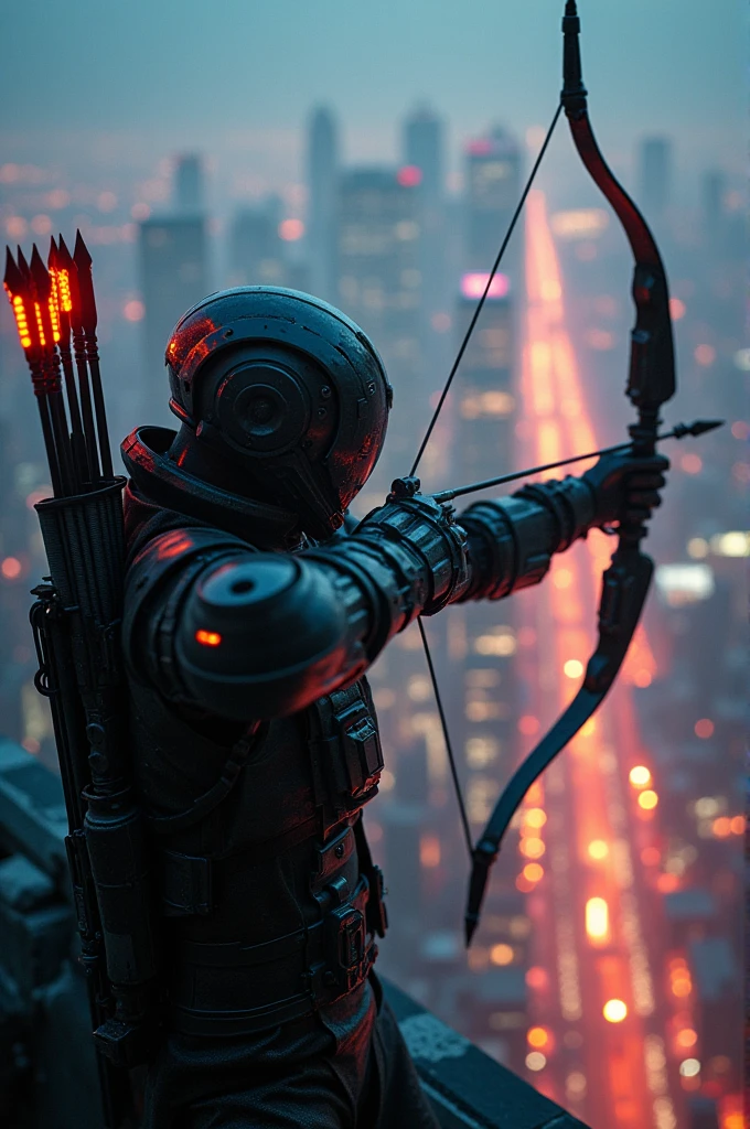 slow photoshot exposure image of a futuristic archer, armed with explosive arrowheads, taking aim from a high vantage point in the city, dramatic, photorealistic, highly detailed, cinematic lighting, intricate machinery, advanced technology, glowing energy effects, neon city skyline, moody atmosphere, hyperrealistic, award-winning CGI, 8K, unreal engine,  higher angle shot, view from above, slow shutter speed motion photography, shot on Fuji Film XT4 camera f/1.5. ISO 200
