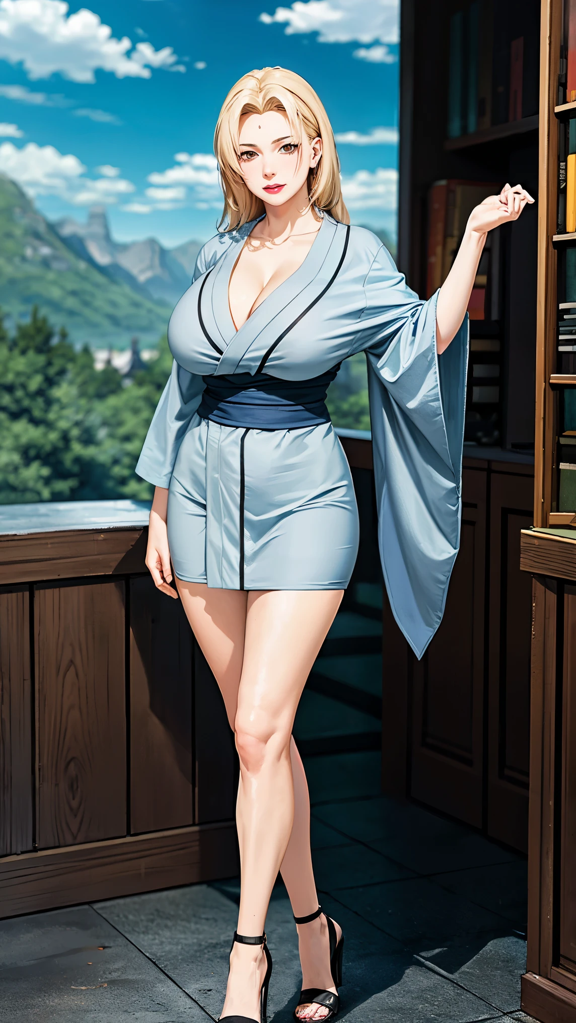 (big tits), fullbody, nipples, areola, feet, high heels, slim waist, cleavage, good anatomy, masterpiece, best quality, 4k, 8k, professional photography, soft light, 1 girl, blonde hair, kimono, (mountain), clouds, blonde hair, parted banks, detailed face+brown eyes, smile, closed lips, lipstick, bookshelves, standing pose