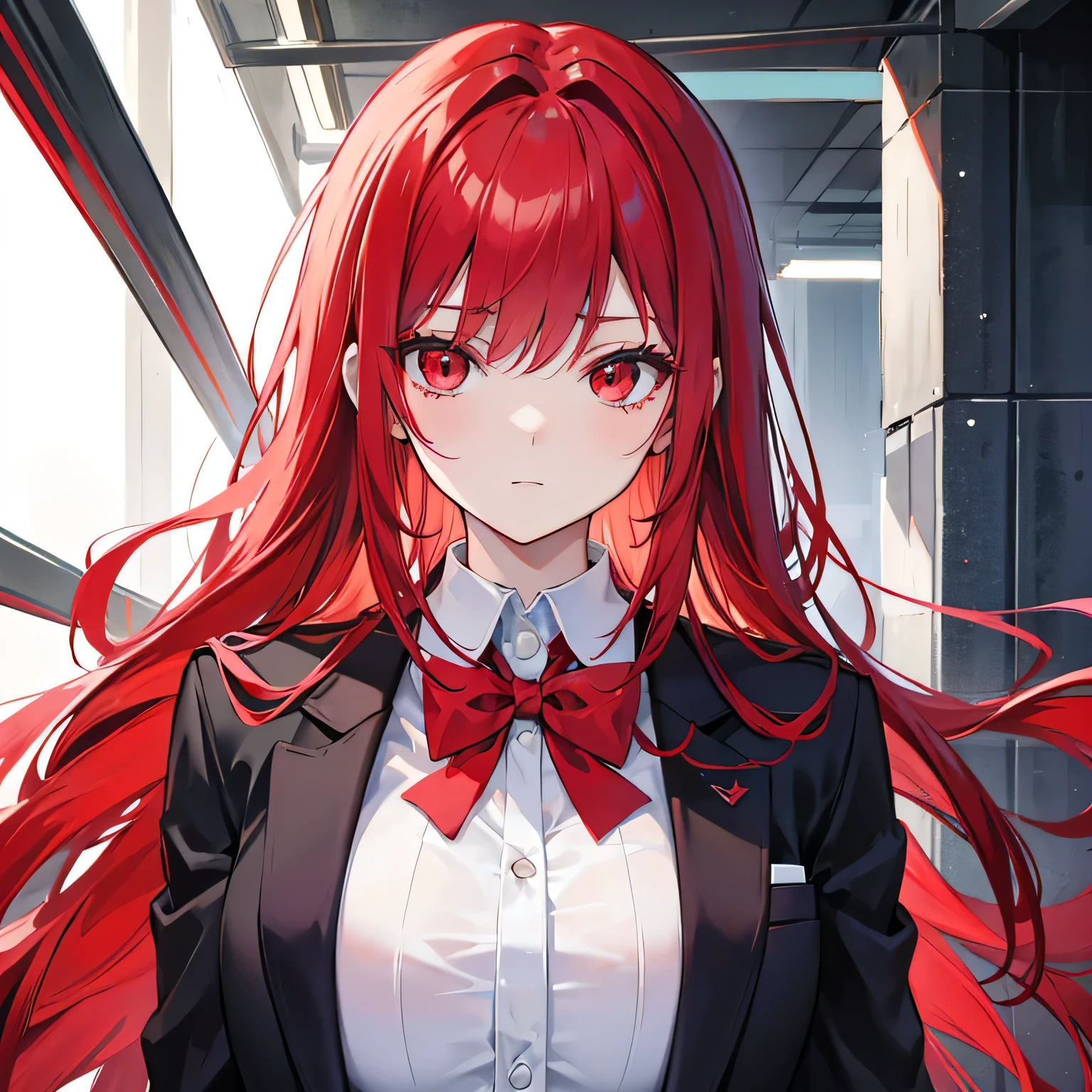 Red haired girl with red eyes wearing a suit