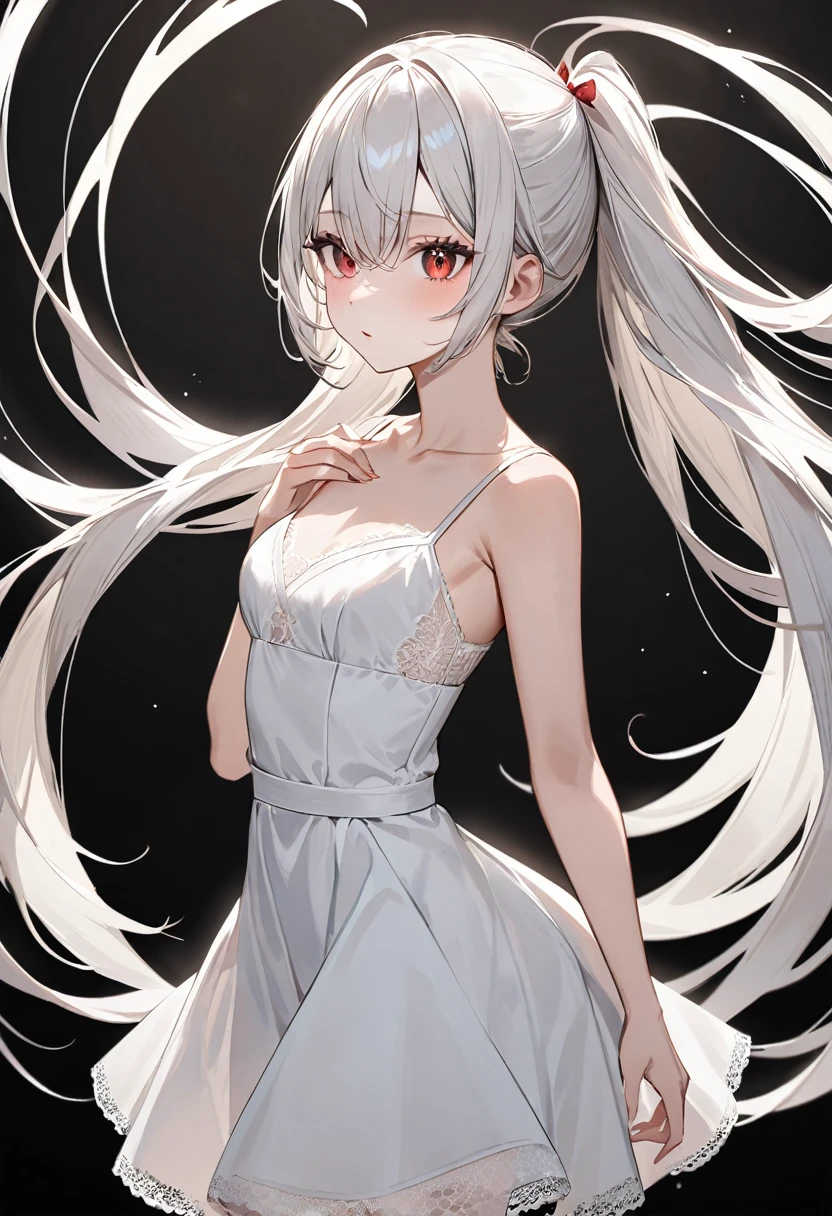 (masterpiece, top quality, very aesthetic, 4k、illustration), intricate detail, 1woman,、solo,contrapposto 、Strong glowing eyes、,(cowboy shot)、、(),beautiful face、(from side)、clear face、straight hair、(red white gradient hair:1.5)、hair ribbon,middle hair,sidelock ,レッド　eyes、white lace camisole Dresses、small breasts、Slim 、dim　background
