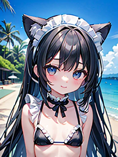 ((masterpiece、4K、8k、Highest quality: 1.Perfect Fingers: 1.Perfect Anatomy: 1.3、Background Blur))、((Ultra-precise expression))、((White frills、Cute black bikini、Maid's headband))、((16 years old、Small face、Dog Ears、Super Beauty、Straight Long Hair))、Beautiful Eyes：1.1、smile、（Model pose）、blue sky、mansion by the sea、Poolside、White sand beach、Grass、Large Breasts
