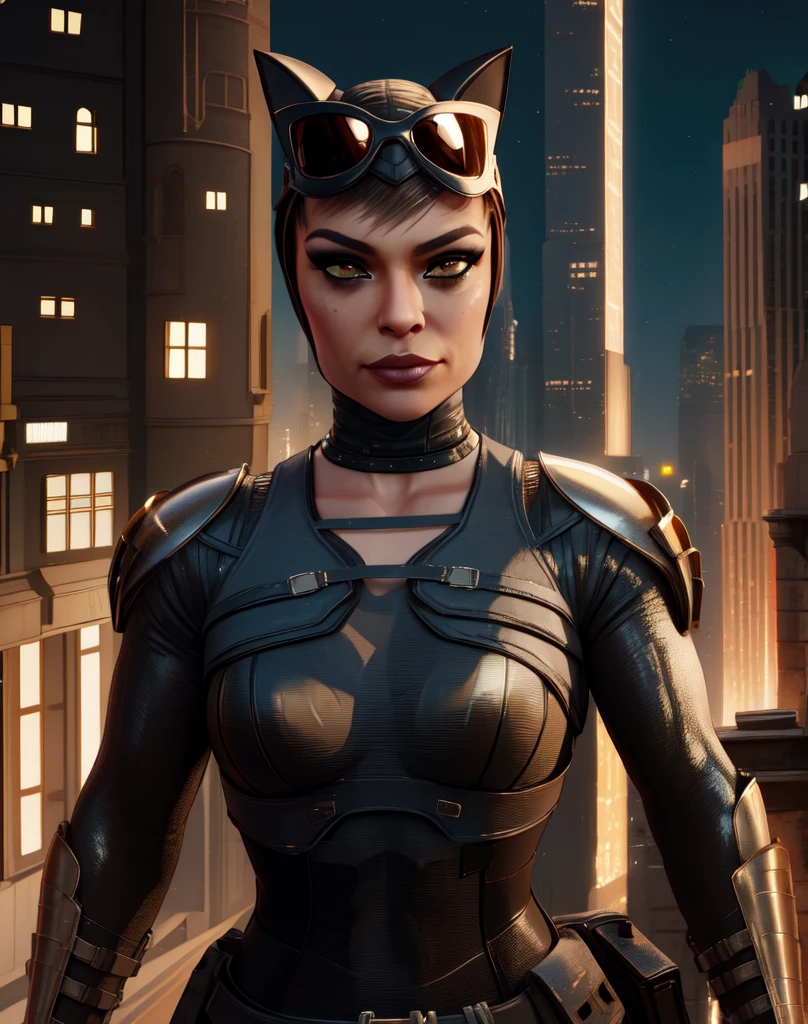 Selina,lips, brown eyes, looking at viewer, goggles on head, head cap with cat ears, armor, gloves,bodysuit,choker,
standing, smug, upper body, night, stars,
rooftop, Gotham city, solo,
(insanely detailed, beautiful detailed face,beautiful detailed eyes, masterpiece, best quality),solo,