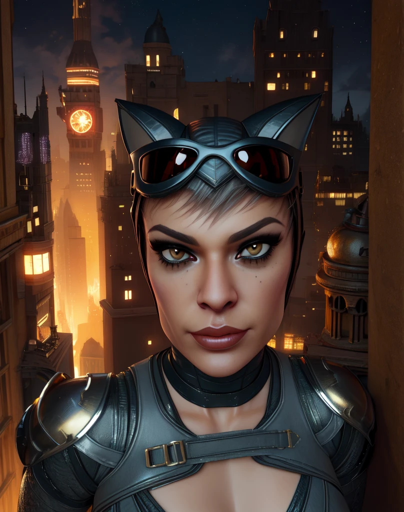 Selina,lips, brown eyes, looking at viewer, goggles on head, head cap with cat ears, armor, gloves,bodysuit,choker,
 standing, smug, upper body, night, stars, 
rooftop, Gotham city, solo, 
(insanely detailed, beautiful detailed face,beautiful detailed eyes, masterpiece, best quality),solo, 