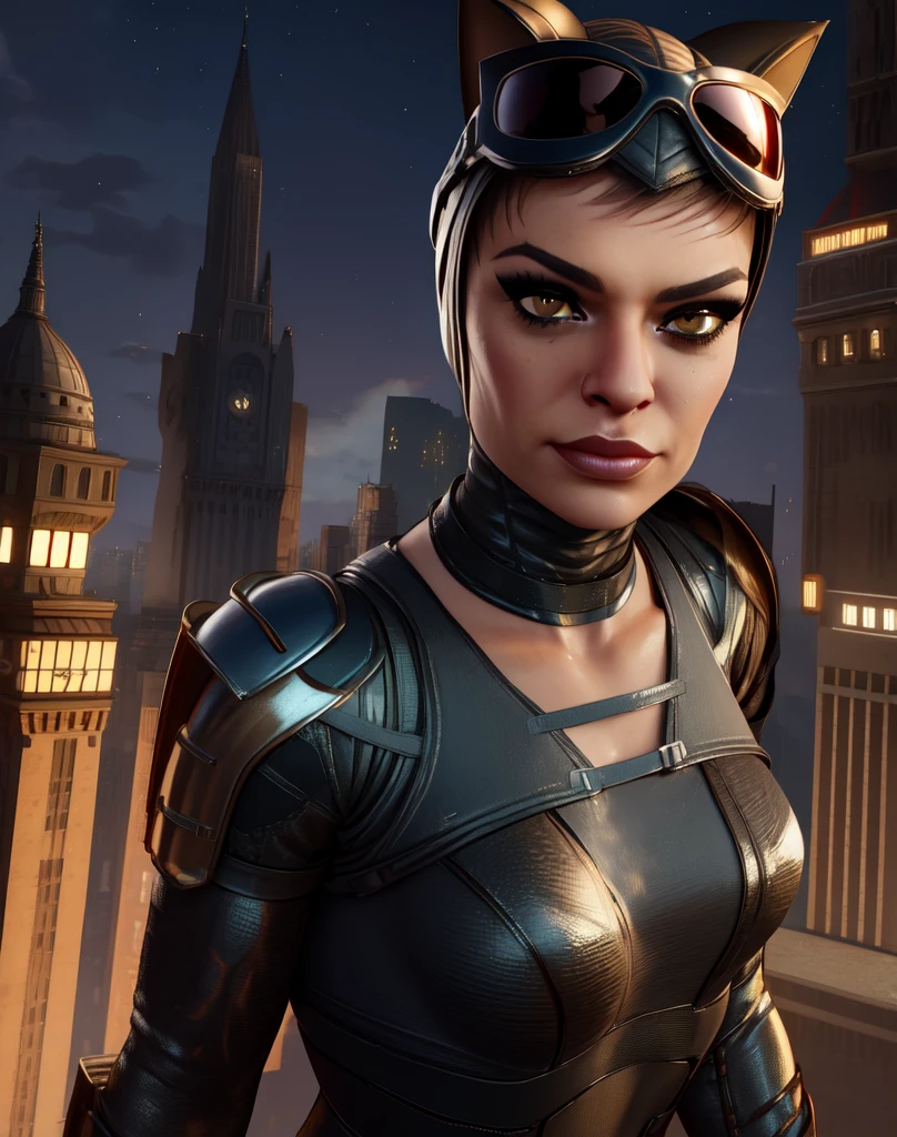 Selina,lips, brown eyes, looking at viewer, goggles on head, head cap with cat ears, armor, gloves,bodysuit,choker,
 standing, smug, upper body, night, stars, 
rooftop, Gotham city, solo, 
(insanely detailed, beautiful detailed face,beautiful detailed eyes, masterpiece, best quality),solo, 