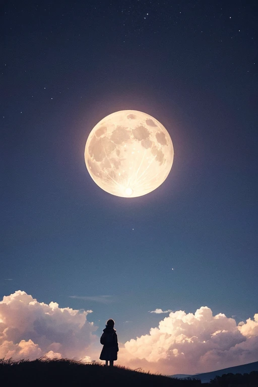 Highest quality,Big moon and shadow,A silhouette of a person can be seen against the backdrop of a large moon.,There is one full moon,There is a mood,Beautiful scenery,Starry Sky