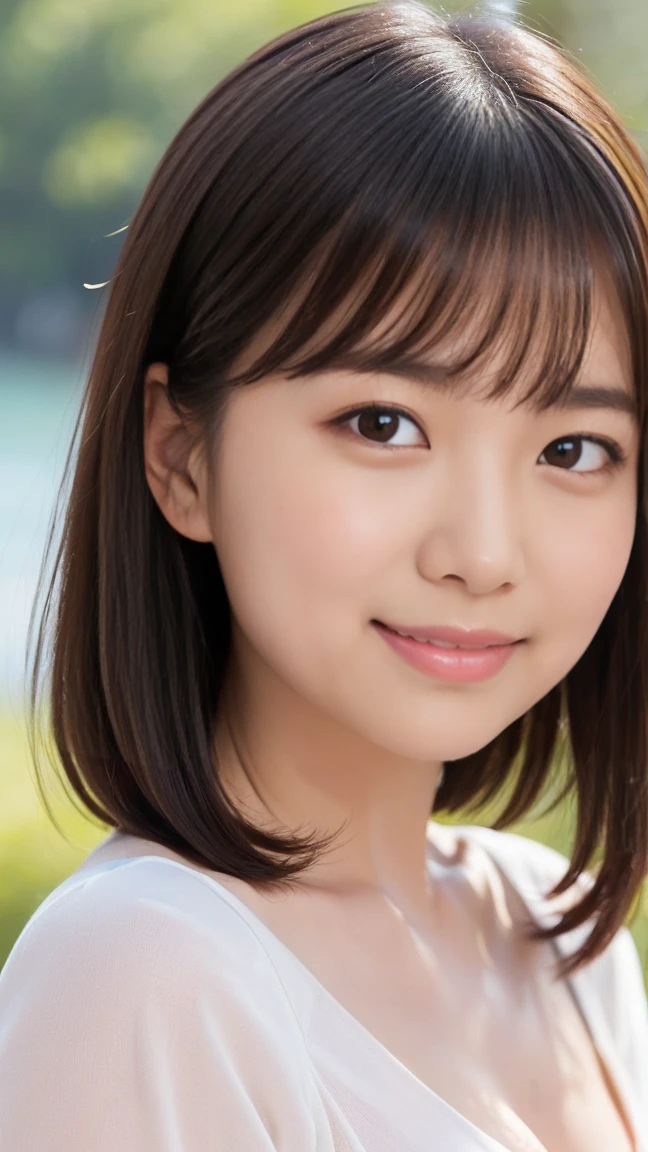 ((Standing on a hill overlooking the sea)),（masterpiece）、(Highest quality:1.5)、(Photorealistic:1.2)、(Surreal), (High resolution), (Realistic), (Post-processing),(Sharp focus), Sharp focus:1.2,Backlight, (Improvement of quality:1.4), (Narrow waist)、((Perfectly detailed five-fingered hands)),（Anatomically correct body）、((1 female:1.4))、Japanese、Realistic Skin、（Small chest：1.4）、Bust size is A cup、A pretty woman with a slender figure:1.4,(from the front:1.5), (Enhances the beauty of skin texture:1.1),No makeup、美しいBlack Hair、smile、Natural color lip、(Small Mouth:1.4)、The mouth is not open、Thick lips、(Oval Face)、Even bangs、Hide eyebrows with bangs、((33-year-old woman))、Bob Hair、Hair blowing in the wind, (Black Hair, Iris, Watery eyes, Shining Eyes, Bob cut hair,), Hair behind the ear、No makeup、(Drooping eyes)、(((One lovely woman)),((優しい大きなsmile)),(( Small breasts,Small breastsの谷間)),((((Plump Cheeks)))),very cute,(Baby Face),Raccoon face,erotic、Colorful color micro bikini、(((whole body：1.5))), Put your face close to LoRA,