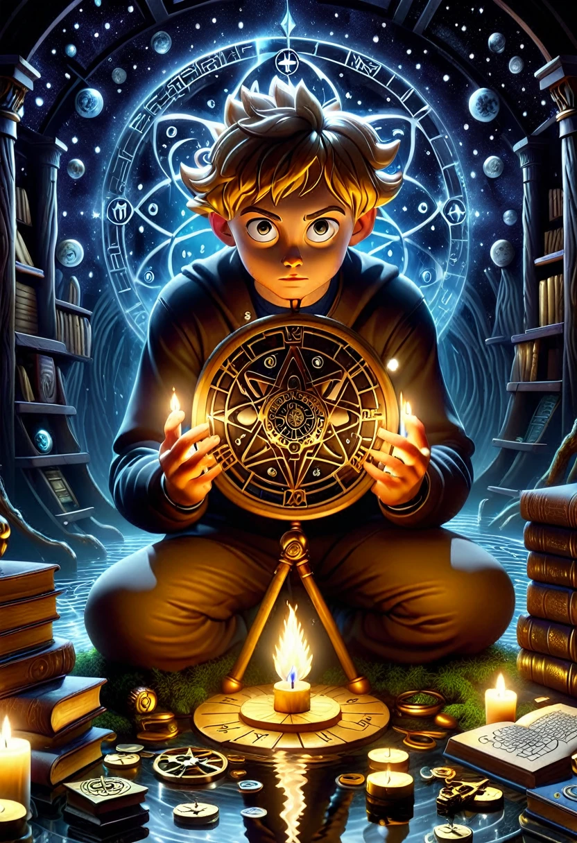 create a realistic drawing !Crystal with reflection of the Universe, Man in the Maze, Tree of knowledge, River of Time, Candle in the dark, star, books, compass, key, ladder