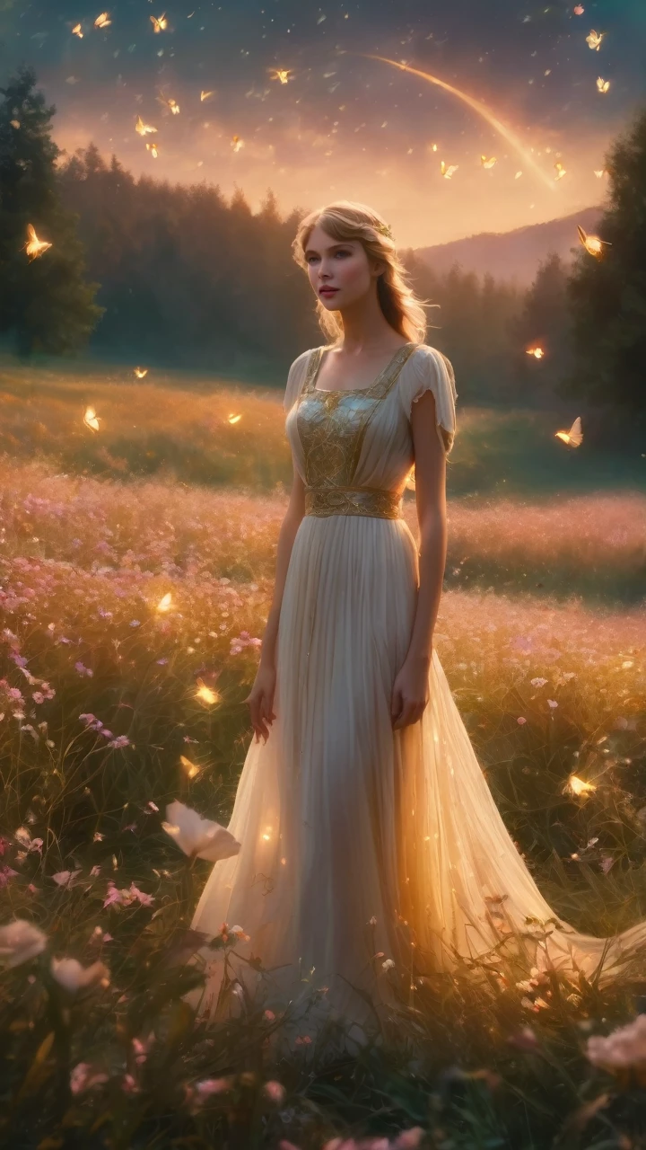 a woman in a long dress standing in a field with flowers, a still of an ethereal, very magical and dreamy, still from a fantasy movie, taylor swift as a heavenly angel, among wonderful golden fireflies, ethereal fairytale, inspired by gaston bussiere, lost in a dreamy fairy landscape, beautiful and cinematic lighting, lady with glowing flowers dress, ethereal fantasy