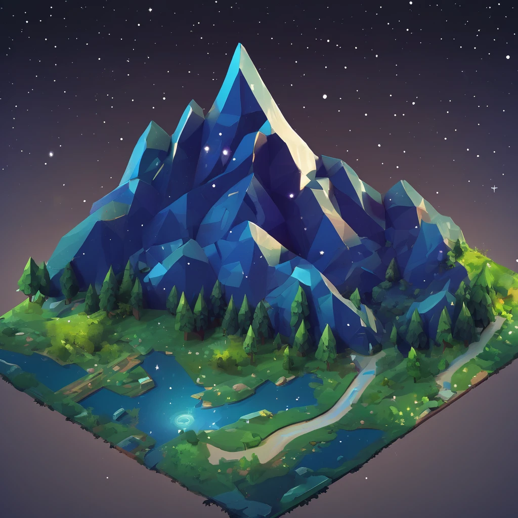 ((masterpiece, best quality)), absurdres, Isometric_Setting, woods, forest, tiny mountains, grassfield, space and stars background
