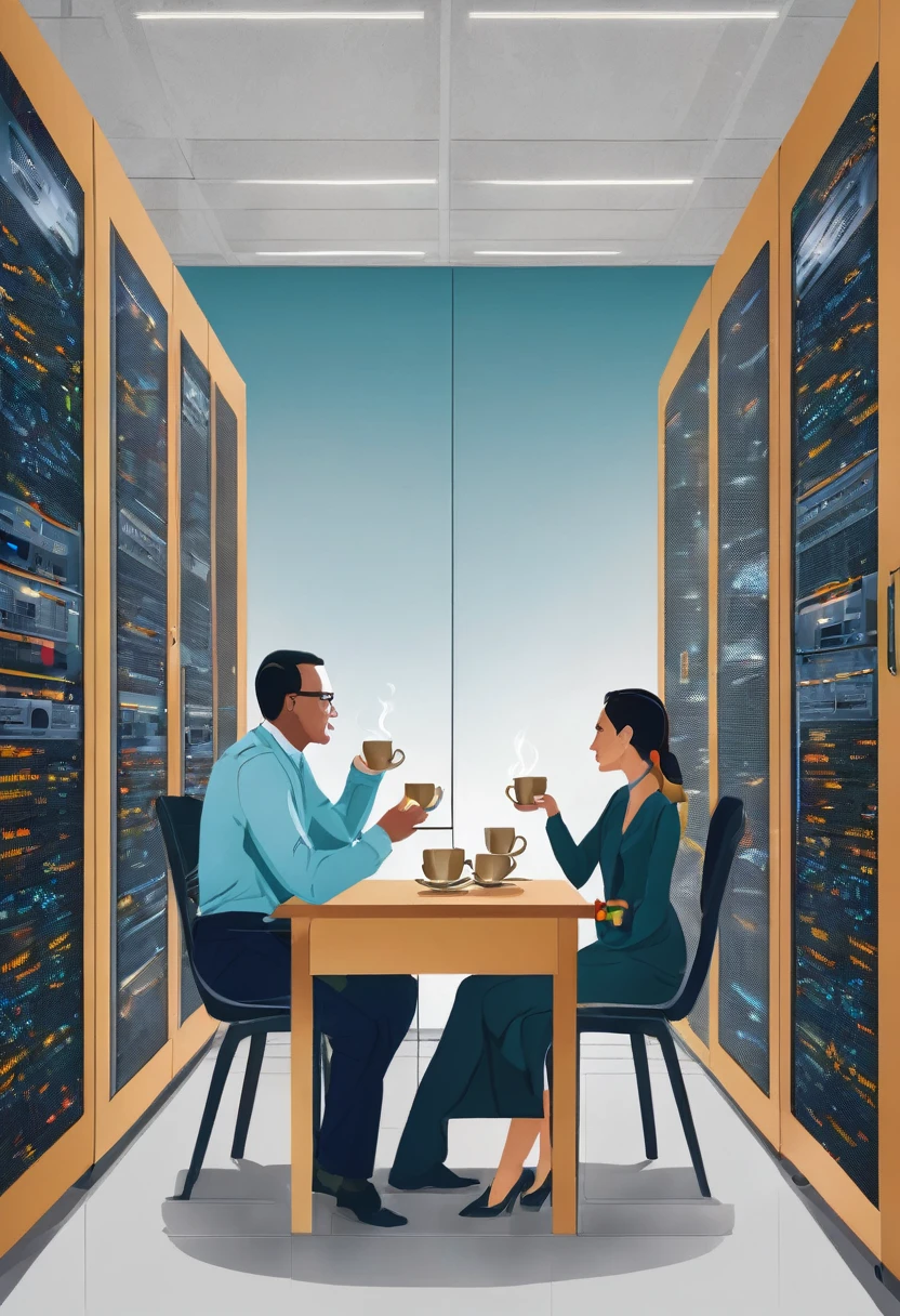 man and woman sitting at table opposite each other and drinking tea from tea cups, in server room with several server cabinets
