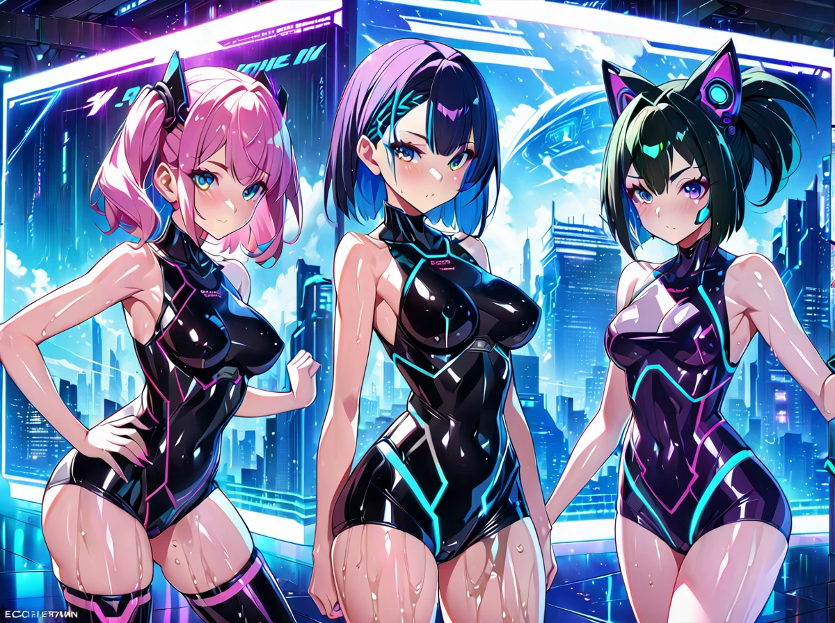 Anime girls in latex outfits posing in front of a futuristic background, Best anime 4k konachan wallpaper, BoobsCyberpunk, Perfect android girl family, Anime Style 4 k, Hololive, Digital Cyberpunk Anime Art, Anime Style. 8k, Trending on cgstation, Digital Cyberpunk - Anime Art, Shiny wet skin!!, ecchi Anime Style, Smooth anime CG art