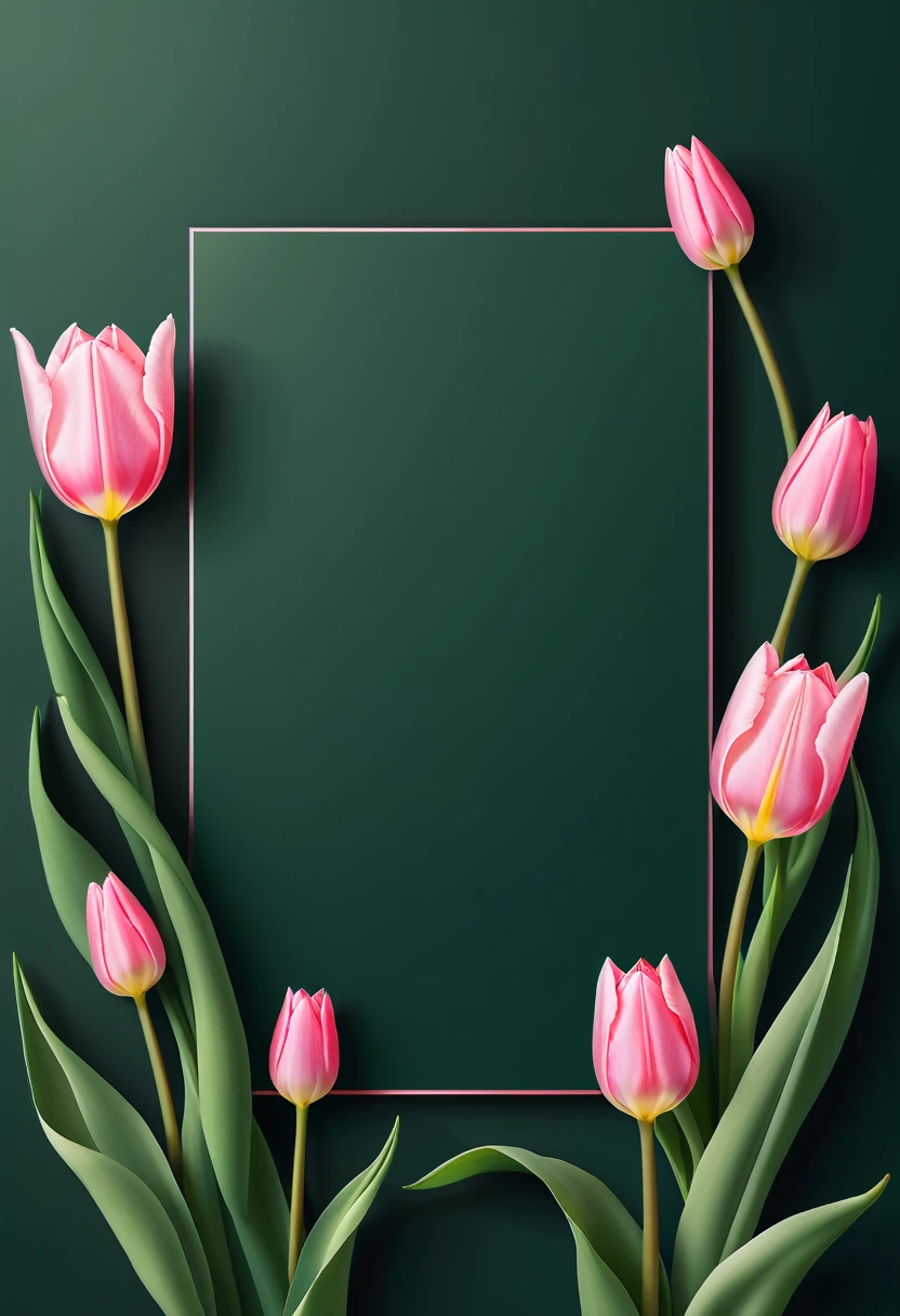 The cover design has the word tulip and two light pink tulips in the middle and lower corners. (Background dark green)Vector graphic design. 精緻 close up 精巧構圖(close up) Flat style vector art, Flat vector art uses simplicity in vector art、 Pure expression，Highlight simplicity and clarity of form， Bring simplicity and modernity to your work