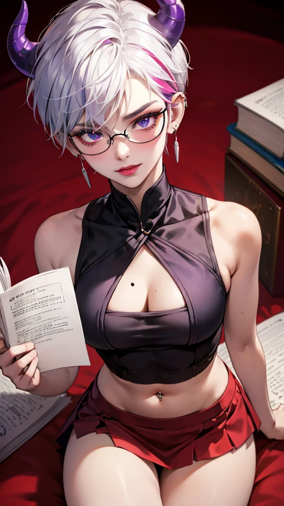 8k, masterpiece, best quality, highly detailed, 1 girl, tiefling, warlock, pixie cut, multicolored hair, very short straight hair green highlight hair on white hair, strippled hair, wearing glasses, round glasses, earrings, navel piercing, red eyeshadow, long eyelashes, blushed cheek, red lips, necklace, rings, collarbone, mole on face, glamorous, red and purple clothes, miniskirt, smirk, close up view, rings, looking at viewer, demon horns, solo, blue pale moon, standing, royal dress, devil books.