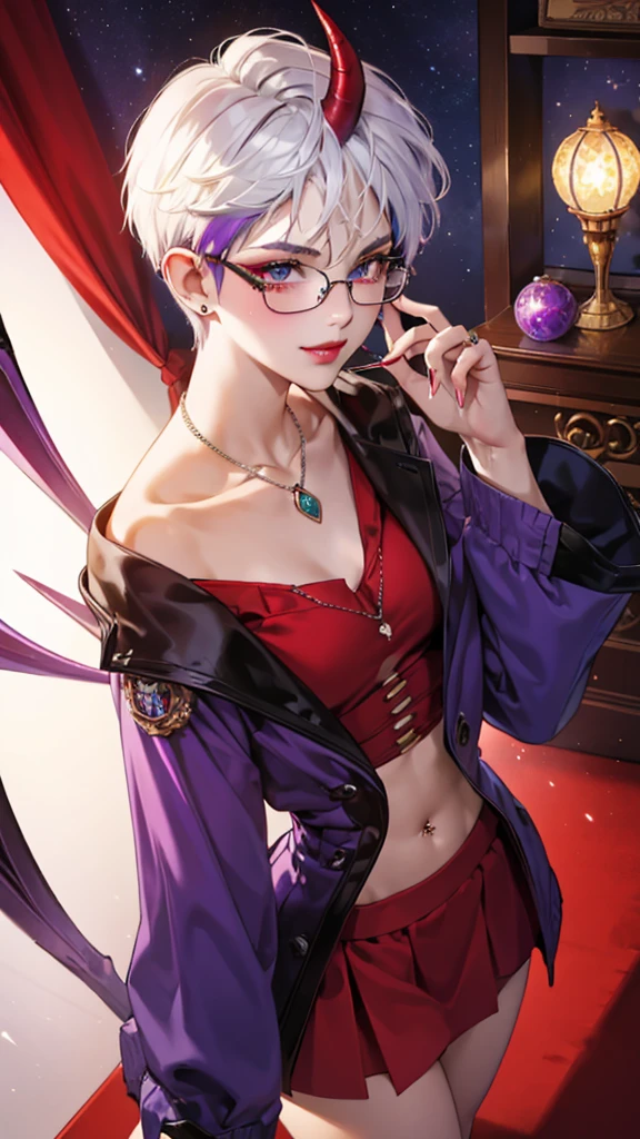 8k, masterpiece, best quality, highly detailed, 1 girl, tiefling, warlock, pixie cut, multicolored hair, very short straight hair green highlight hair on white hair, strippled hair, wearing glasses, round glasses, earrings, navel piercing, red eyeshadow, long eyelashes, blushed cheek, red lips, necklace, rings, collarbone, mole on face, glamorous, red and purple clothes, miniskirt, smirk, close up view, rings, looking at viewer, demon horns, solo, blue pale moon, standing, royal dress, devil books.