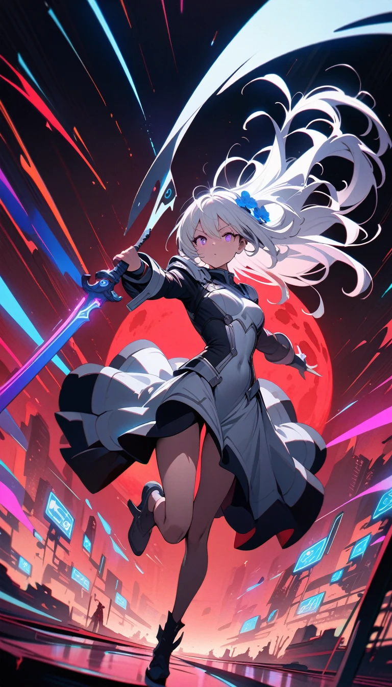 ((best quality)) , ((masterpiece)) , (detailed),anime style illustration of an anime girl with long white hair, wearing black and silver uniform skirt holding sword in one hand, floating blue flowers around her head, glowing purple eyes, futuristic background, red moon on the sky, dynamic pose, simple background, colorful neon lights, full body shot, wide angle