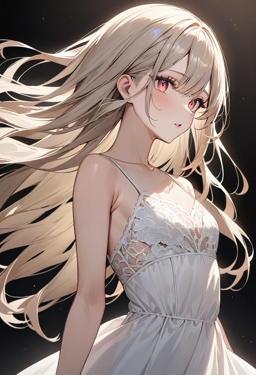 (masterpiece, top quality, very aesthetic, 4k、illustration), intricate detail, 1woman,from side、solo,contrapposto 、Strong glowing eyes、,(cowboy shot)、、(),beautiful face、clear face、straight hair、(white gradient hair)、multicolored hair,hair ribbon,middle hair,sidelock ,レッド　eyes、white lace camisole Dresses、small breasts、Slim 、dim　background