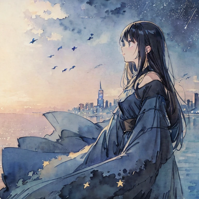 A dark-haired girl wearing blue clothes、Sad profile、A starry skyに浮かぶ月を見上げている、背景はnight、Crescent Moon、watercolor、night、A starry sky、City、whole body、Beautiful details、