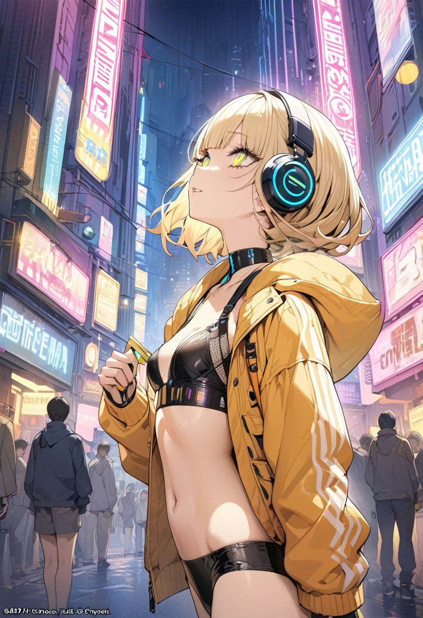 (masterpiece, Highest quality, Highest quality, Very detailed, Most detailed, Official Art, Structure of the film, beautifully、aesthetic:1.2), colorful, (Detailed drawn eyes:1.1), Beautiful Face, Perfect body, One girl, alone, Headphones,City of night, City, Ratan, street, black | Yellow bomber jacket, (Neon Light:1.1), Small breasts, software, performer, (headphone:1.1), (cyber punk:1.1), (sf:1.1), (look up:1.2), (public:1.2)