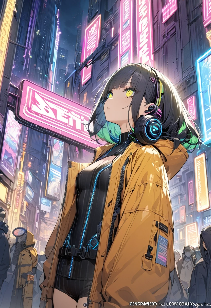 (masterpiece, Highest quality, Highest quality, Very detailed, Most detailed, Official Art, Structure of the film, beautifully、aesthetic:1.2), colorful, (Detailed drawn eyes:1.1), Beautiful Face, Perfect body, One girl, alone, Headphones,City of night, City, Ratan, street, black | Yellow bomber jacket, (Neon Light:1.1), Small breasts, software, performer, (headphone:1.1), (cyber punk:1.1), (sf:1.1), (look up:1.2), (public:1.2)