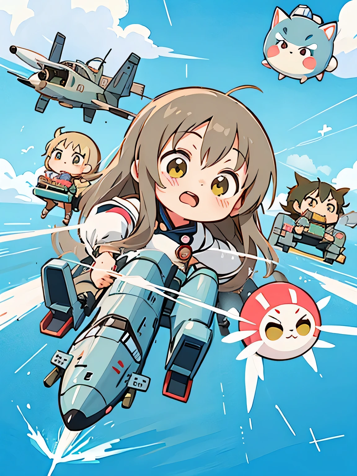 Hayao Miyazaki style, Kawaii Design, most beautiful girl ever、chibi, (((Kamikaze Special Attack Force))), (((Zero Fighter)))