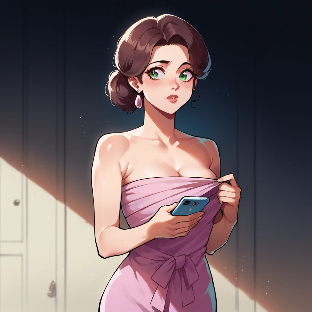 score_9_presence, score_8_up, Belle, wrapped in towel, medium breasts, holding phone