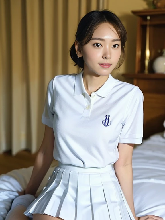 (Masterpiece, Best quality: 1.2), (Ultra realistic, Photo-realistic: 1.2), Full body, Slender body, From above, From side, Sitting, (Seductive pose: 1.2), Bedroom eyes, (Beautiful thighs: 1.1), Natural light, 28 years old actress, Japanese women, Neat and clean, (Ponytail short wavy hairstyle: 1.1), Short wavy hair, ((Wearing white tennis uniform, White short-sleeve polo shirt: 1.2)), (unbutton: 1.3), ((Wearing White tennis pleated skirt: 1.3)), Wearing white sock, (Beautiful face), Oval face, clear, Beautiful eyes, Kind eyes, Clear skin, Small face, Beautiful mouth, Small mouth, Natural makeup, Approachable, Seductive smile, Embarrassed, Blush, Luxury hotel Suite room, On bed,
