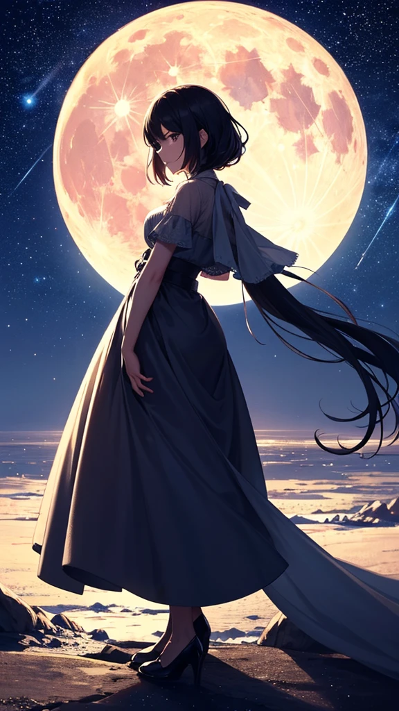Highest quality,Big moon and shadow,A silhouette of a person can be seen against the backdrop of a large moon.,There is one full moon,There is a mood,Beautiful scenery,Starry Sky