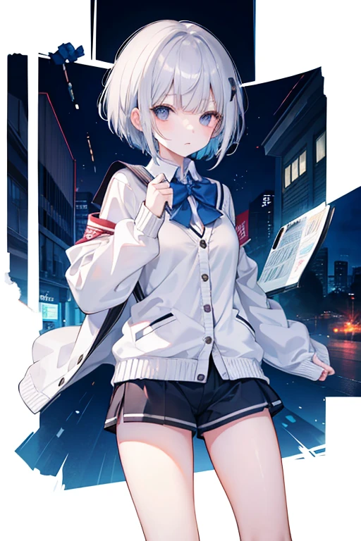 high school girl、In uniform、Wearing a cardigan、Silver Hair、short hair、Shorts、Lonely face、Someone who seems to have a hidden side、male