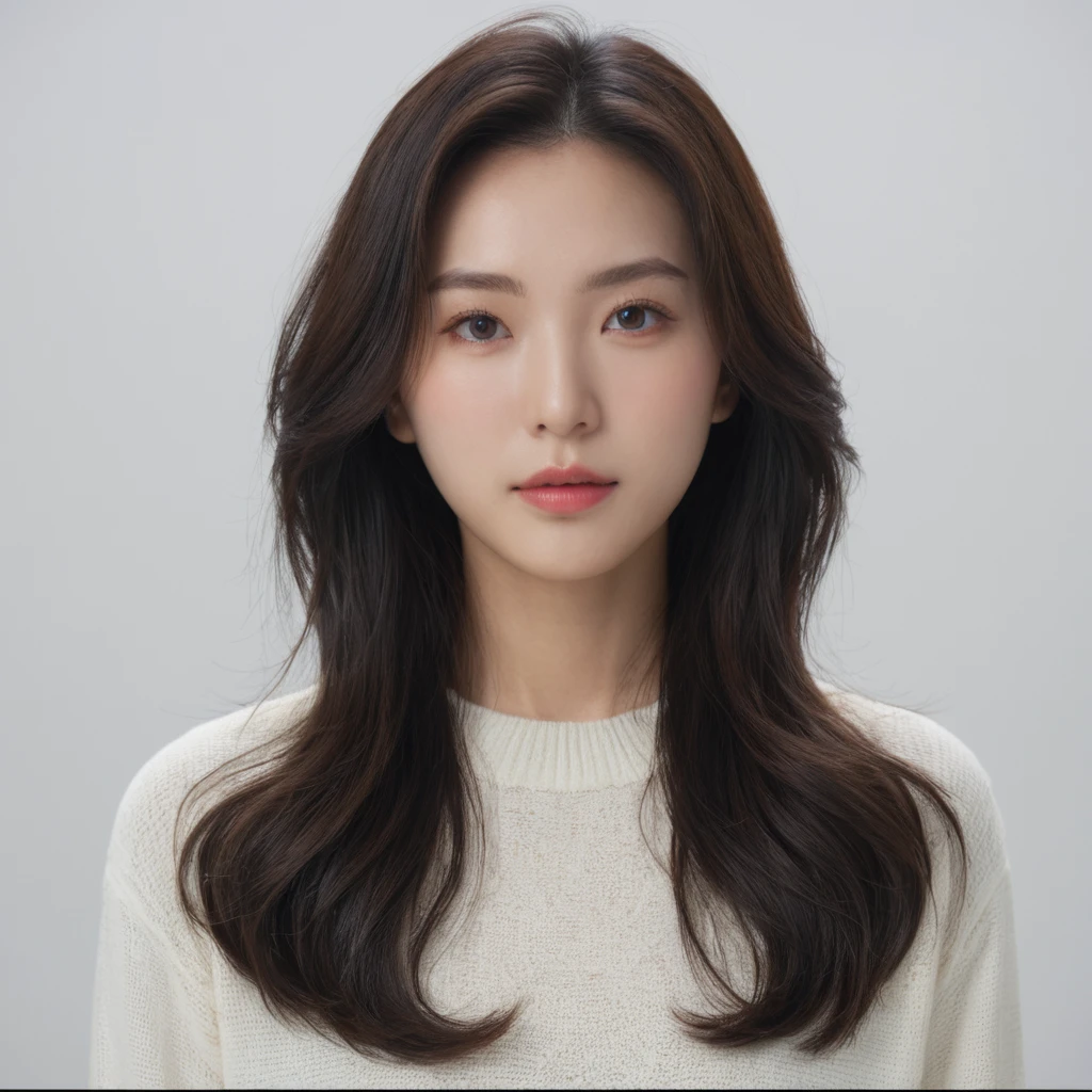 Best Quality, 8k, Masterpiece, (Portrait: 1.3), (photo realistic:1.4), (hyper realistic:1.4), Sharp Focus, looking at viewer, (smoother lighting:1.1), (increase cinematic lighting quality:0.9), realistic lighting, backlighting, light on face, ray trace, (brightening light:1.2), (Increase quality:1.4), sharp detail, (best quality real texture skin:1.4), finely detailed eyes, black_eyes, finely detailed face, 25 year old Korean woman, (white formal_shirt:1.4), (Create an image maintaining the original base model hairstyle:1.5)
