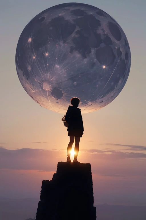 Highest quality,Big moon and shadow,A silhouette of a person can be seen against the backdrop of a large moon.,There is one full moon,There is a mood,Beautiful scenery,Starry Sky