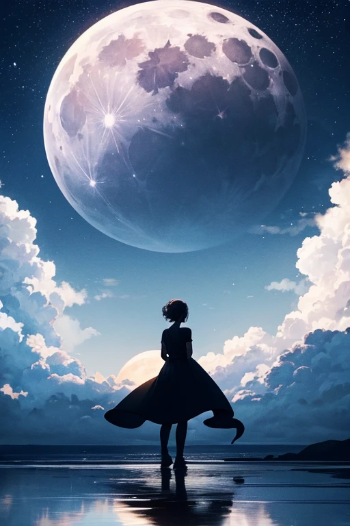 Highest quality,Big moon and shadow,A silhouette of a person can be seen against the backdrop of a large moon.,There is one full moon,There is a mood,Beautiful scenery,Starry Sky