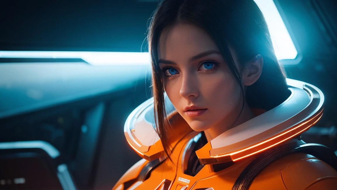 a beautiful young woman, 25 years old, with deep blue eyes, wearing an orange spacesuit with metallic white details, in a dramatic cinematic sci-fi setting, photographed with backlight and soft, warm lighting, elegant and dynamic pose, extremely detailed and complex, minimalist guweiz-style art, highly realistic and photographic, intricate futuristic environment