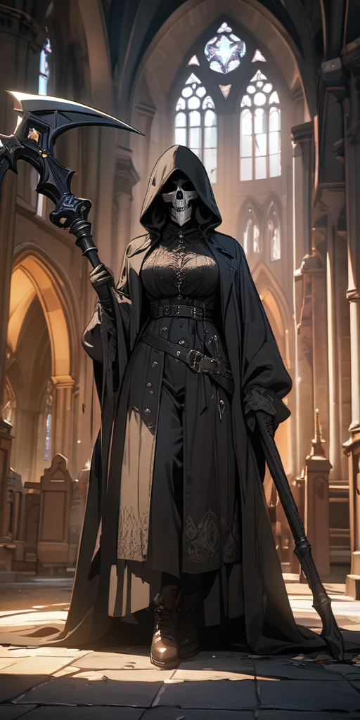 tarot cards,A grim reaper holding a scythe,Nordic style,church background,8k,high quality,masterpiece,Super fine