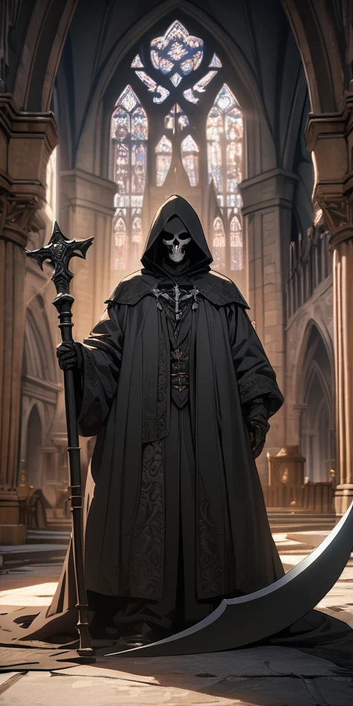 tarot cards,A grim reaper holding a scythe,Nordic style,church background,8k,high quality,masterpiece,Super fine