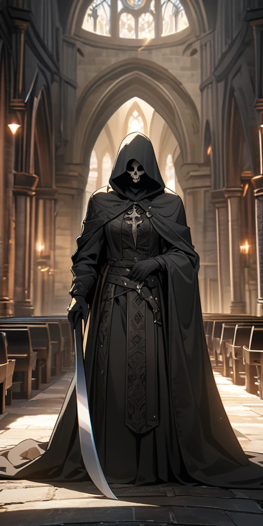 tarot cards，A grim reaper holding a scythe，Nordic style，church background，8k，high quality，masterpiece，Super fine