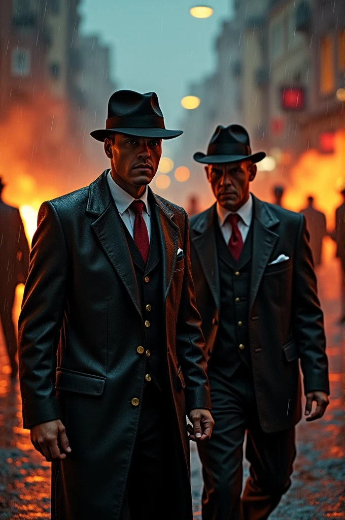 Gangster,Godfather style,Bright colors,Battle Scene,Many people are involved in gang fights on the streets,Movie quality,4k HD,rain