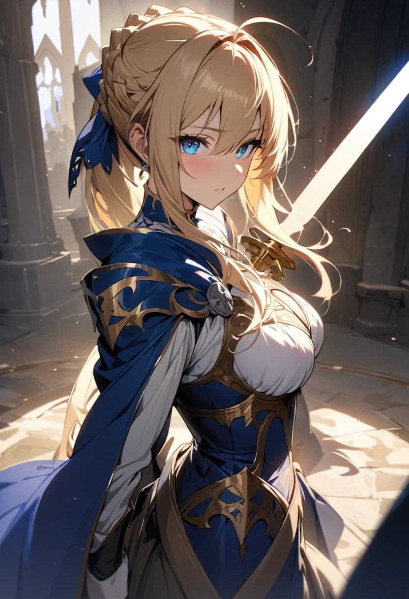 (masterpiece:1.2), (highest quality:1.2), Perfect Eyes, Perfect Face, Perfect lighting,1girl, holding sword artoria pendragon \(fate\), fate \(series\) perspective medieval beautiful, aesthetic, detailed, beautiful color amazing quality, best quality, high quality