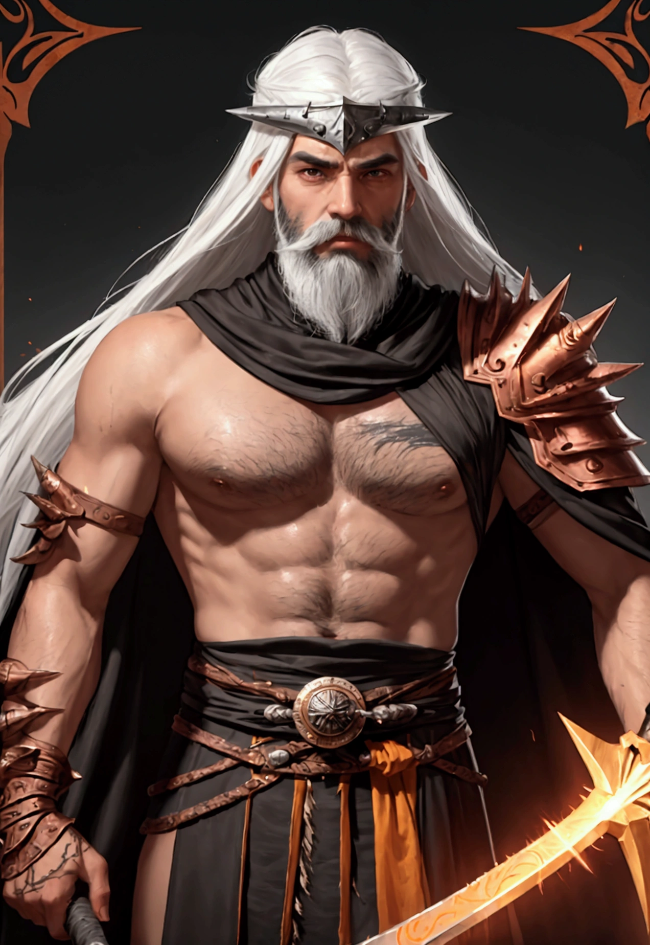 Areo is broad-shouldered with long white hair which was once dark and a dark mustachio and beard. He has a seamed and scarred face. He wears a shirt of copper scales with a billowing cloak of dun-and-yellow sand-silk and an iron half-helm with a crest of sharpened spikes wrapped in orange silk. His weapon is a six feet long long-axe