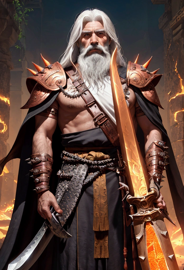Areo is broad-shouldered with long white hair which was once dark and a dark mustachio and beard. He has a seamed and scarred face. He wears a shirt of copper scales with a billowing cloak of dun-and-yellow sand-silk and an iron half-helm with a crest of sharpened spikes wrapped in orange silk. His weapon is a six feet long long-axe