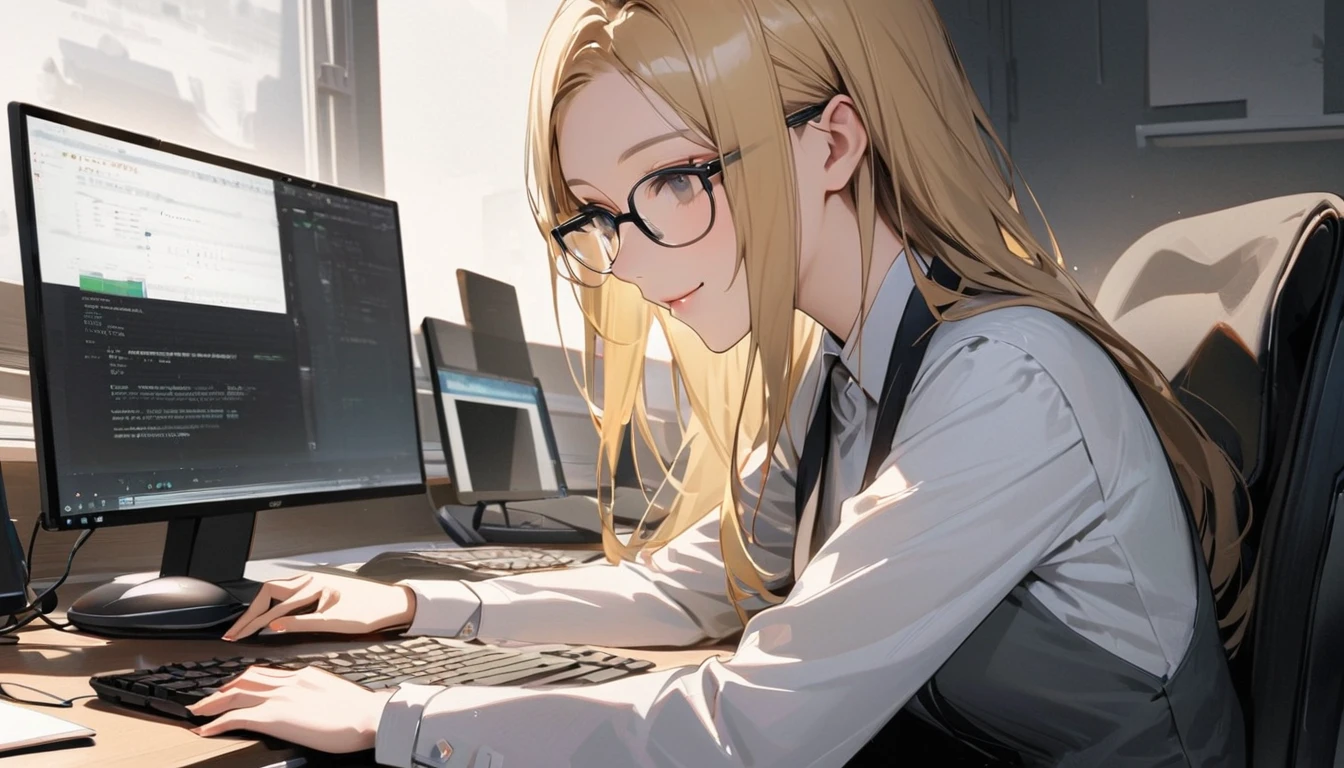 パソコンで仕事をするProfessionalグラマー,Portraiture,Professional,Wearing a smart suit,Stylish glasses,Typing on a sophisticated computer,Use a wireless mouse,Sitting at a modern desk,A soft smile,Soft natural light,High resolution,High resolution,Very detailed.One Woman ,alone, Beautiful golden hair ,Undistorted keyboard, focusing