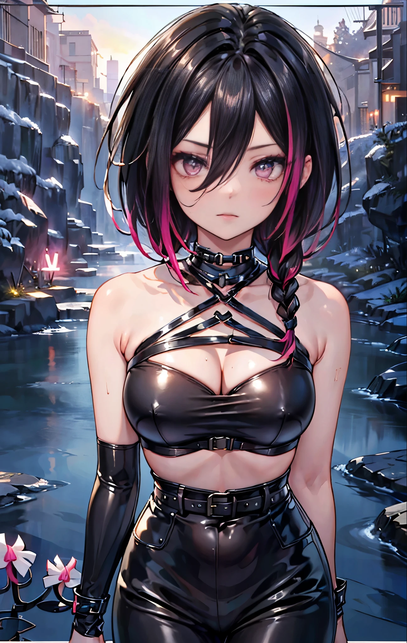 1 girl, 20 years old girl, one person, (black striped cyclamen:1.4), (gradient cyclamen ends:1.6), hairline, absurdly long hair, braid, single side lock, shiny hair, floating hair, (illusion cyclamen eyes), delicate eyes, aqua eyes, super high detailed eyes, long upper lashes, ((glowing eyes)), makeup, Focus on face, Very detailed facial treatment, Pretty face, Perfect breasts, hot body, (Fine leather texture:1.2), breaking, White extra long skirt, Fashion clothing, necklace, Technical clothing masterpiece, on the street, looking at the starry night sky, meteor, detailed background, perfect layer cropping, clear focus, (magazine:1.3), (cover-style:1.3), octane number, Tyndall effect, lifelike, dark studio, side light, two-color lighting, realism, chiaroscuro, (glowing light), spark, ray tracing, cinematic lighting, futurism, motion blur, atmospheric perspective, depth of field, Bokeh, best quality, UHD, super detail, masterpiece, highres,