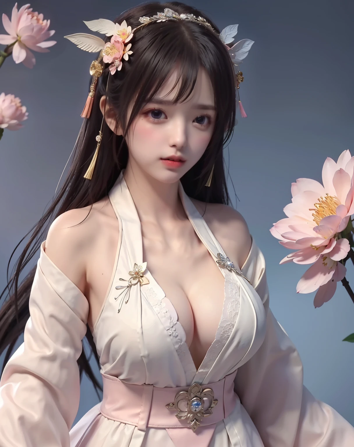 (8k, RAW photo:1.2), best quality, ultra high res,dramatic angle,(fluttered detailed color splashs), (illustration),(((1 girl))),(long hair),(rain:0.9), (Headdress:1.4),There is an ancient palace beside the girl,Hanfu,(Key Points),Color ink painting,(Splash of Color),Splash of Color,(((colorful))),(sketch:0.8) , Masterpiece, best quality, beautiful painted, highly detailed,(denoising:0.6),[splash ink],((ink refraction)), (beautiful detailed sky),moon,highly,detaild,(masterpiece, best quality, extremely detailed） CG Unity 8k Wallpaper，masterpiece，best quality，Ultra Detailed），（Lycoris）. hanfu open v open V-chested clothes Thin silk lace dress , (huge ，cleavage),, white pink and gren，best qualtiy，tmasterpiece，Ultra-high resolution，（Reality：1.4），RAW photogr，（True skin texture：1.3），（filmgrain：1.3），（Selfie angle），1个Giant Breast Girl，Beautiful eye and face details，tmasterpiece，Best quality at best，，The chest more exposed， detailed hair, bra pink lotus flower , detail 8k, upper body, lace petticoat