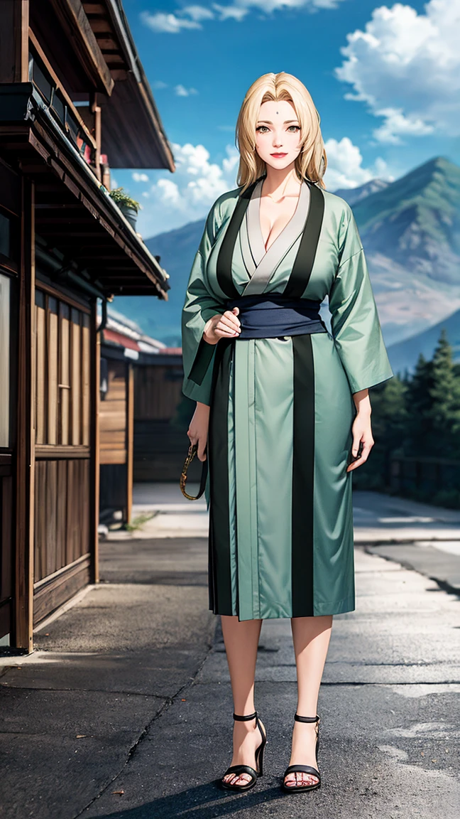 (big tits), fullbody, feet, high heels, slim waist, cleavage, good anatomy, masterpiece, best quality, 4k, 8k, professional photography, soft light, 1 girl, blonde hair, kimono, (mountain), clouds, blonde hair, parted banks, detailed face+brown eyes, smile, closed lips, lipstick, bookshelves, standing pose