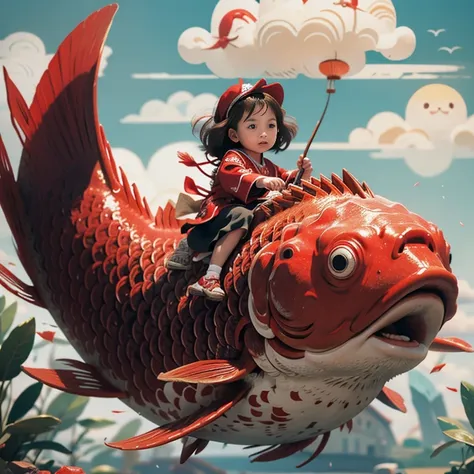 1girl,red fish,kid,chinese clothing,masterpiece,best quality,ultra-detailed,riding,