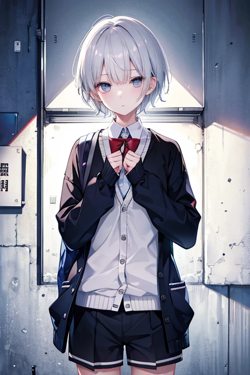 High school boy、In uniform、Wearing a cardigan、Silver Hair、short hair、Shorts、Lonely face、Someone who seems to have a hidden side、