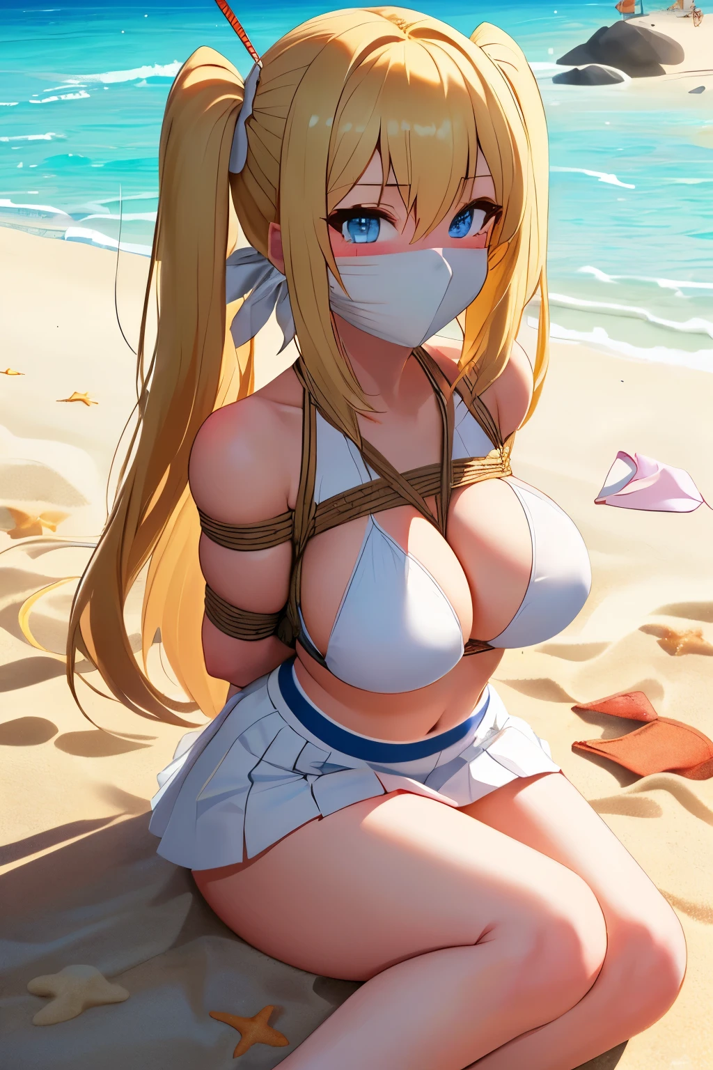 1 girls, (detailed light blue eyes, lange wimpern, detailed beautiful face:1.2), 4k quality, twintails, zwei Seiten nach oben haare, (Long blonde hair:1.5), (arms behind back:1.3), (big breasts:1.6), (blushing:1.3), long hair, hair between eyes, (White skirt, skirt lift, White Bikini with big cutouts, 18 years old:1.5), (bondage:1.3), pralle Brüste, OTN, White Gag, gagged, (liegend:1.7), (laying on a beach near the water in the sand:1.6)